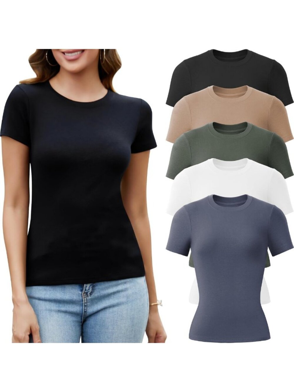 5 Pack Women's Crew Neck Basic T-Shirts - Soft Cotton, Casual Essentials